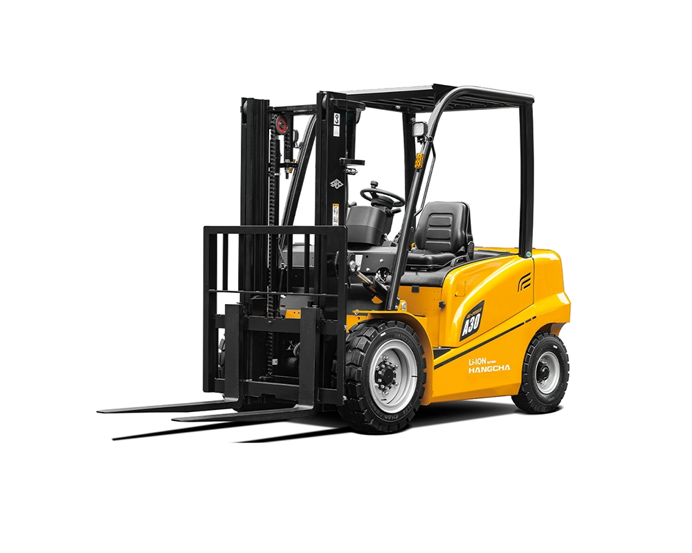 Forklift nedir ve nasıl çalışır konusunu temsil eden; Hangcha marka, sarı renkli, lityum iyon akülü forkliftin önden görünümü.